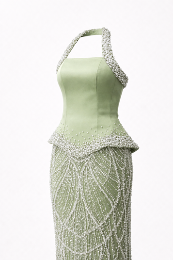 Khakifarbenes Abendkleid mit Neckholder und Perlenverzierungen